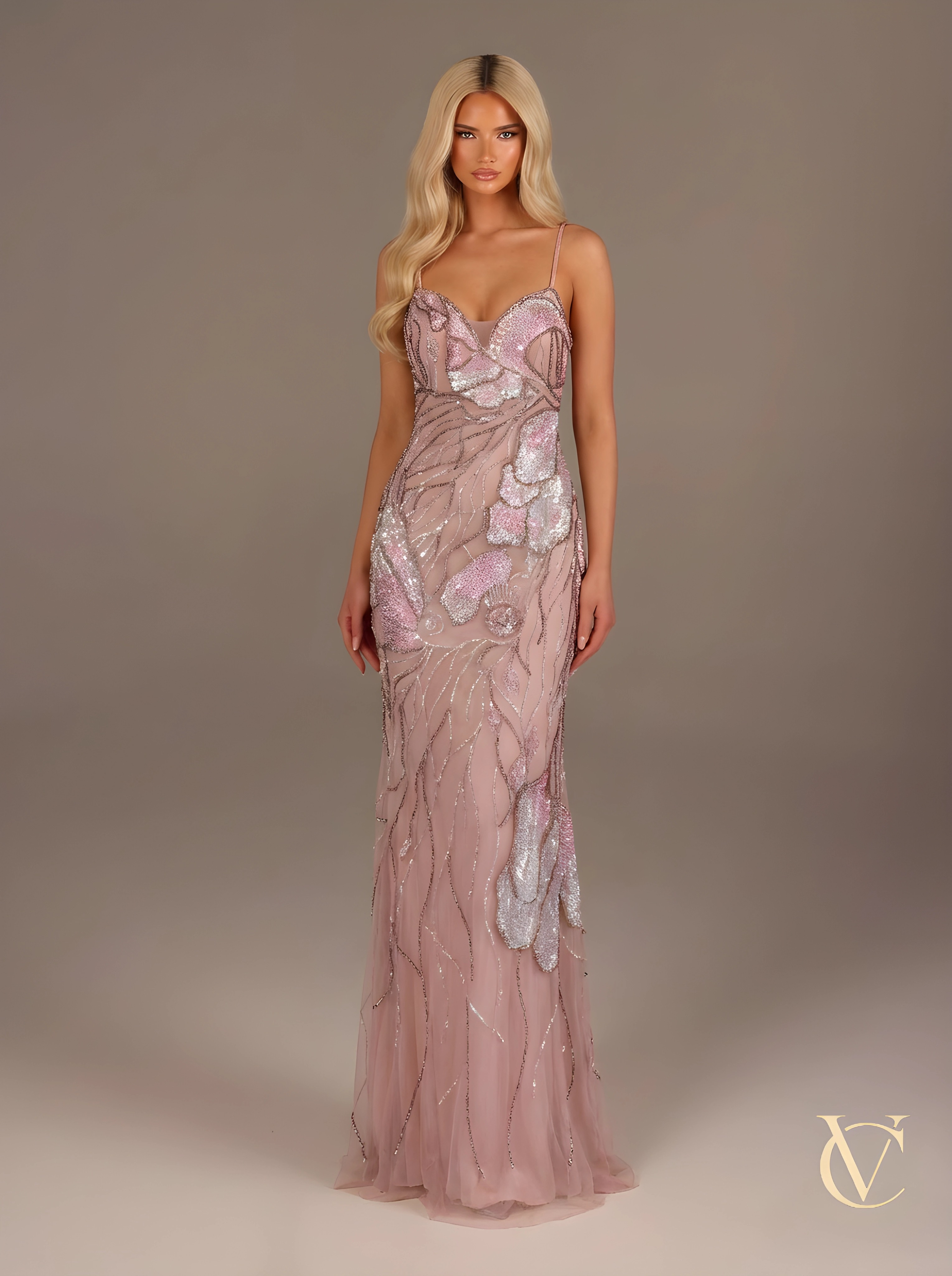 Blush Crystal Sculpted Evening Gown