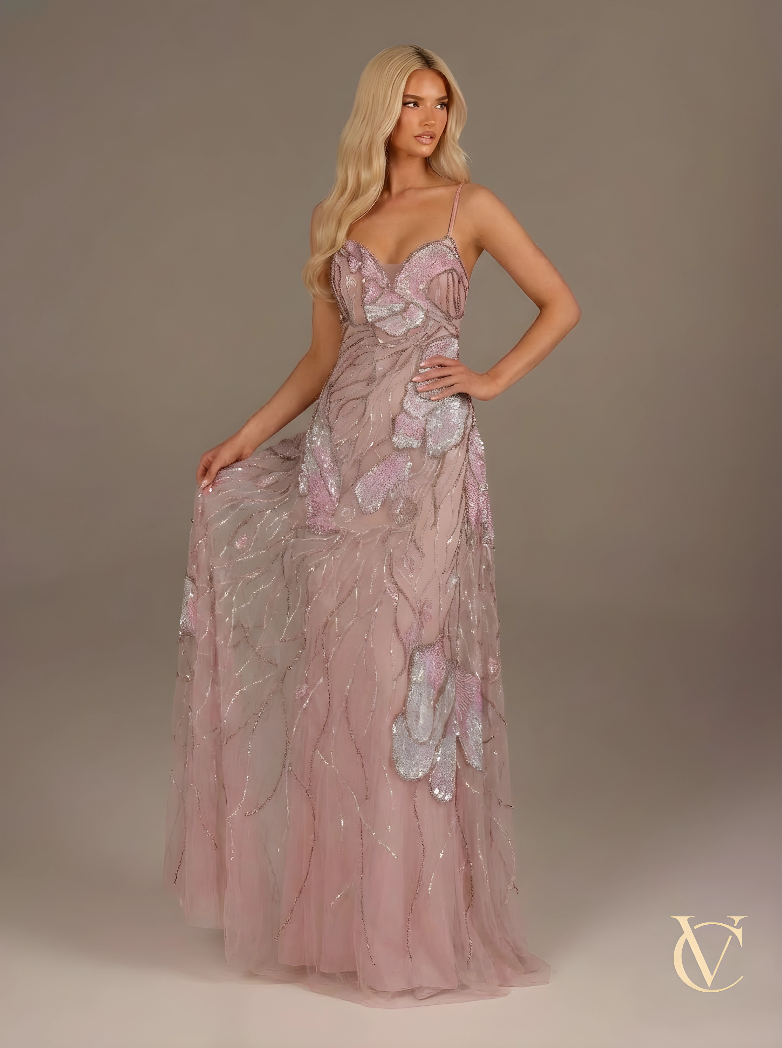 Blush Crystal Sculpted Evening Gown